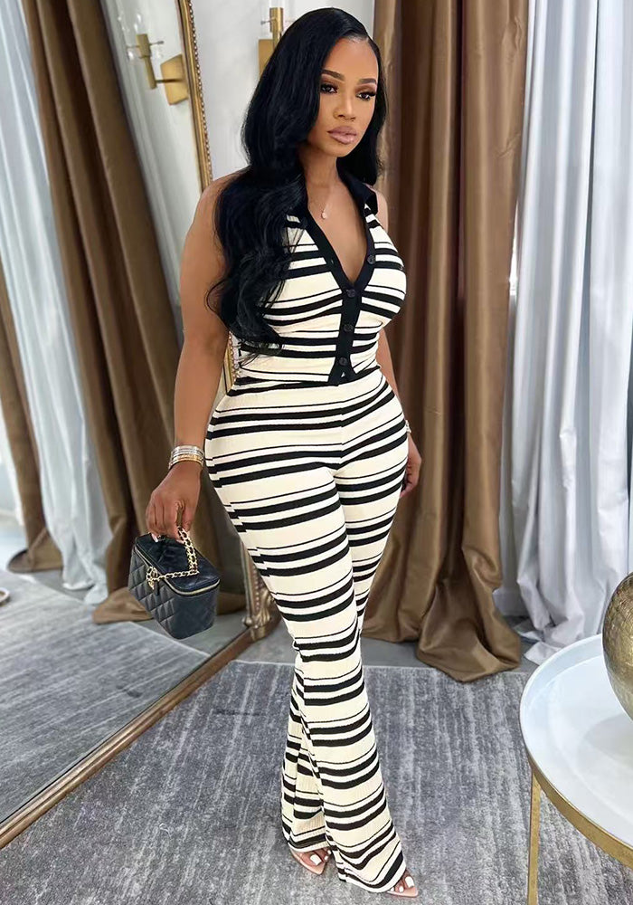 Women Summer Casual Shirt Collar Sleeveless Top and Pants Two-Piece Set