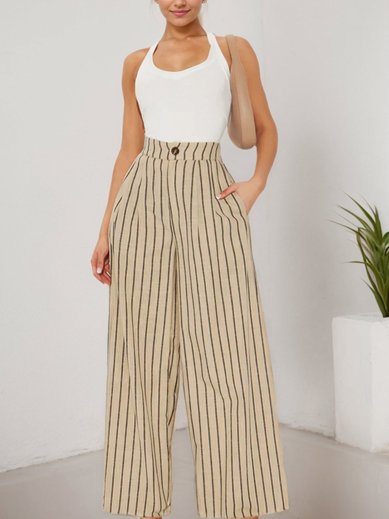 Women's Stripes Loose Casual Trousers Slim Waist Wide-Leg Pants 5