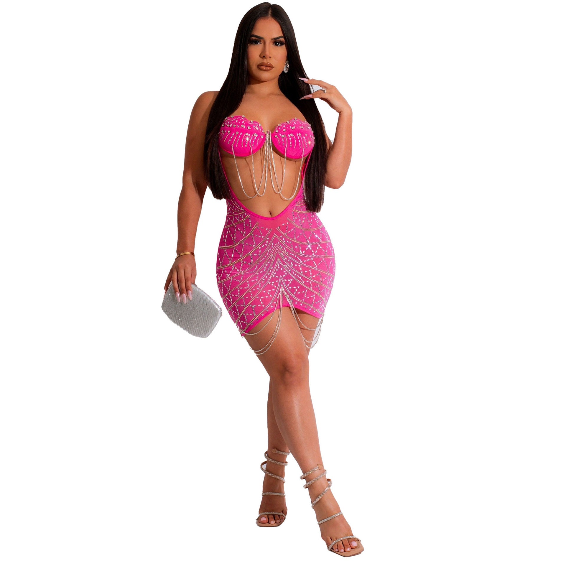 Women Sexy Beaded Tassel See-Through Bodycon Dress 9