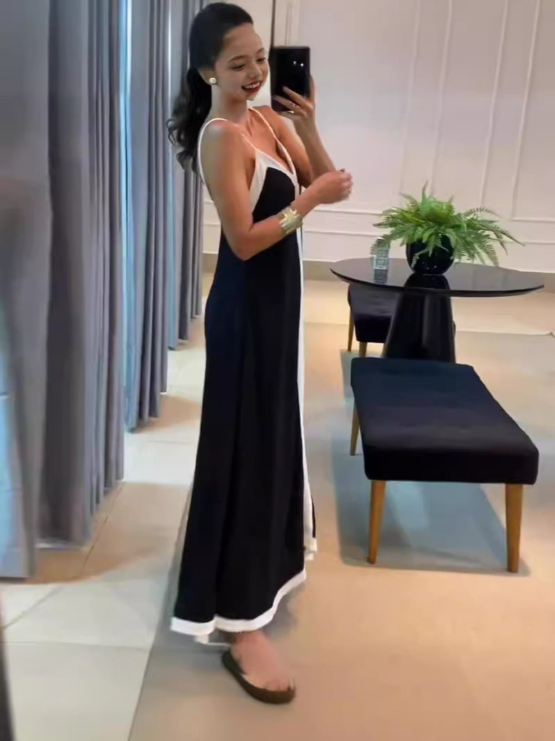 Women Elegant Contrast Color V Neck Strap Dress 6