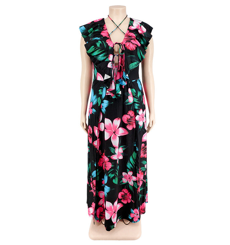 Plus Size Women's Summer Ruffled Collar Floral Print Maxi Dress 6