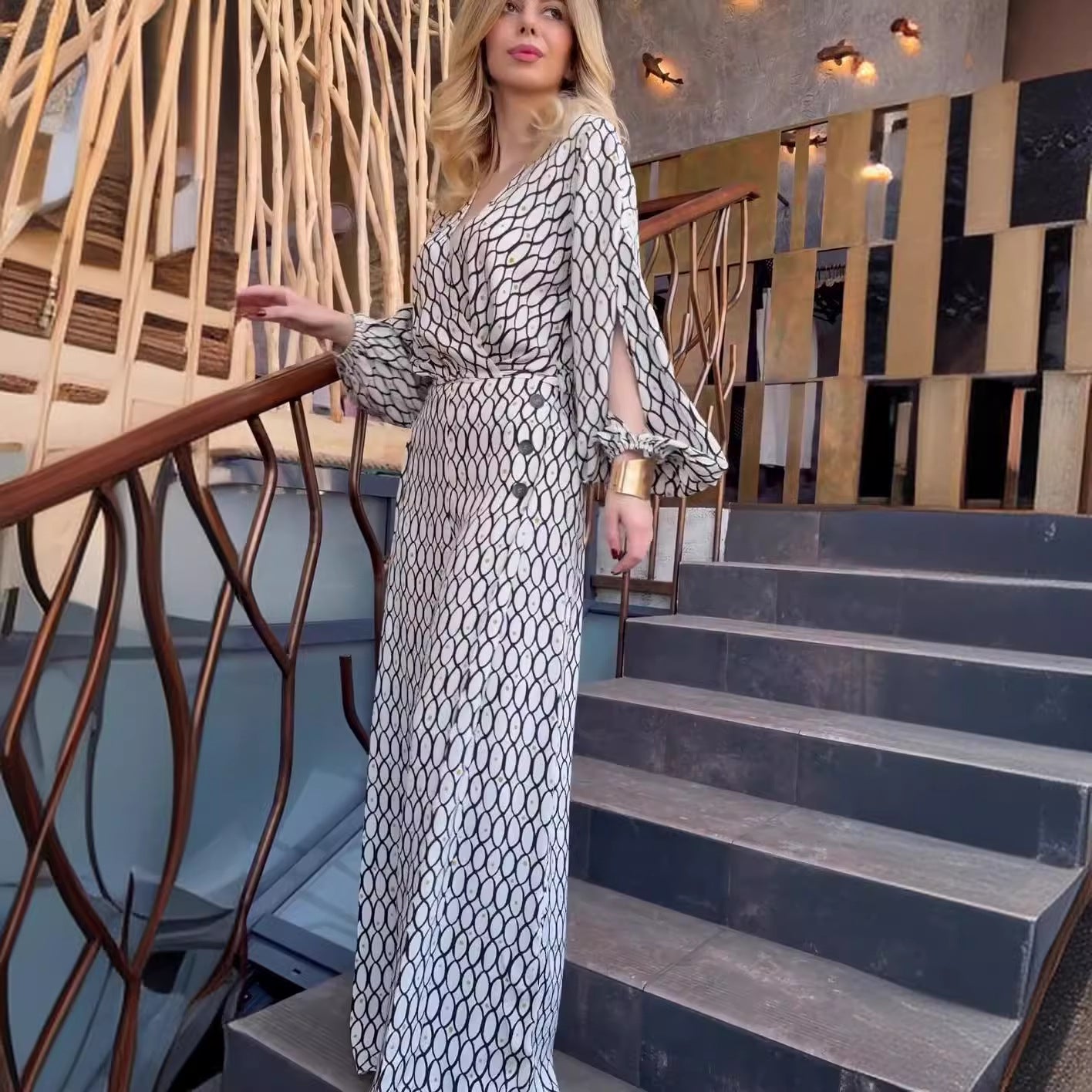 Women's Fashion Printed Loose Long Sleeve Top High Waisted Wide Leg Pants Two Piece Set 5