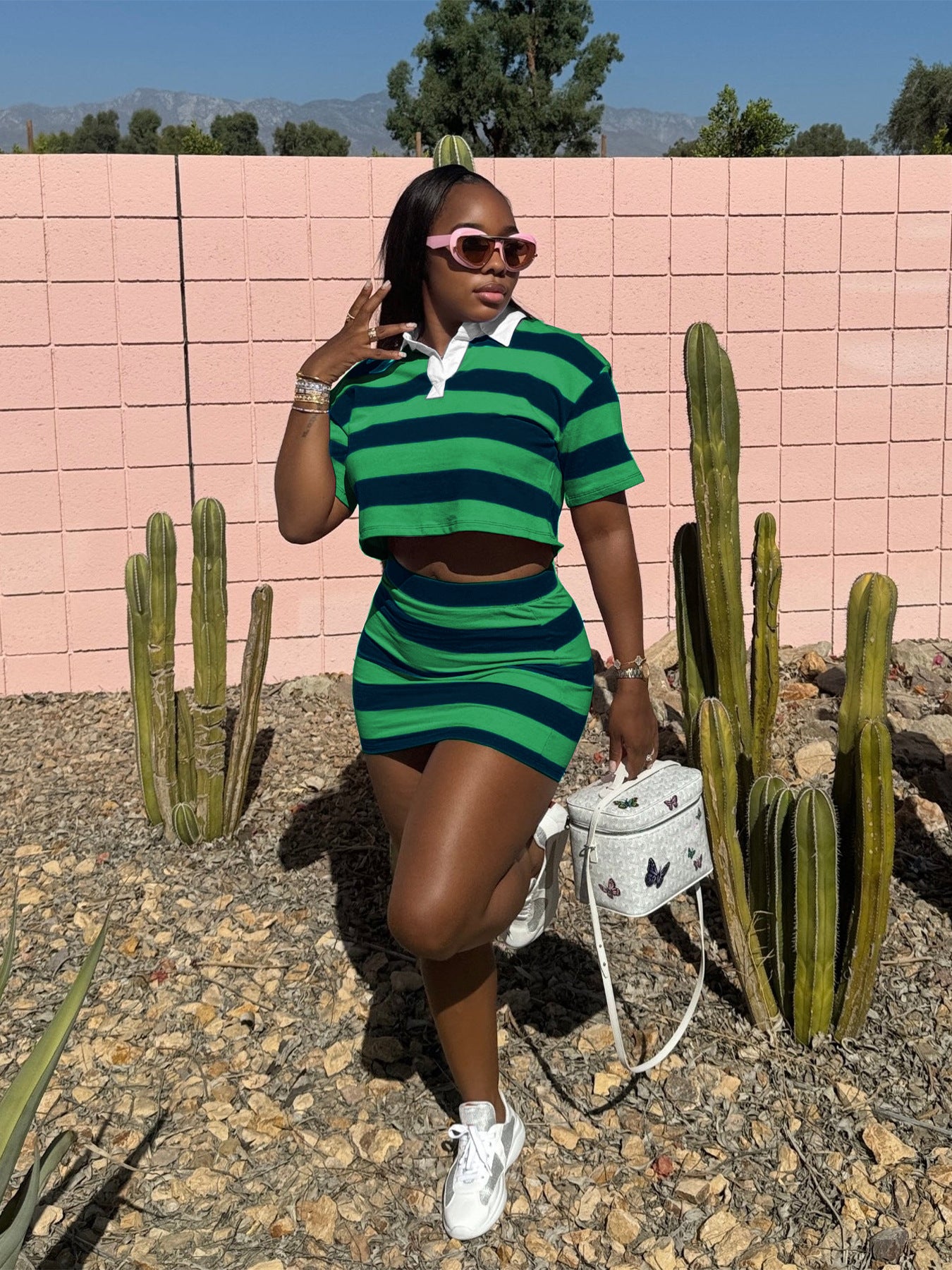 Women Striped Contrast Turndown Collar Crop Top and Bodycon Skirt Two-Piece Set 4