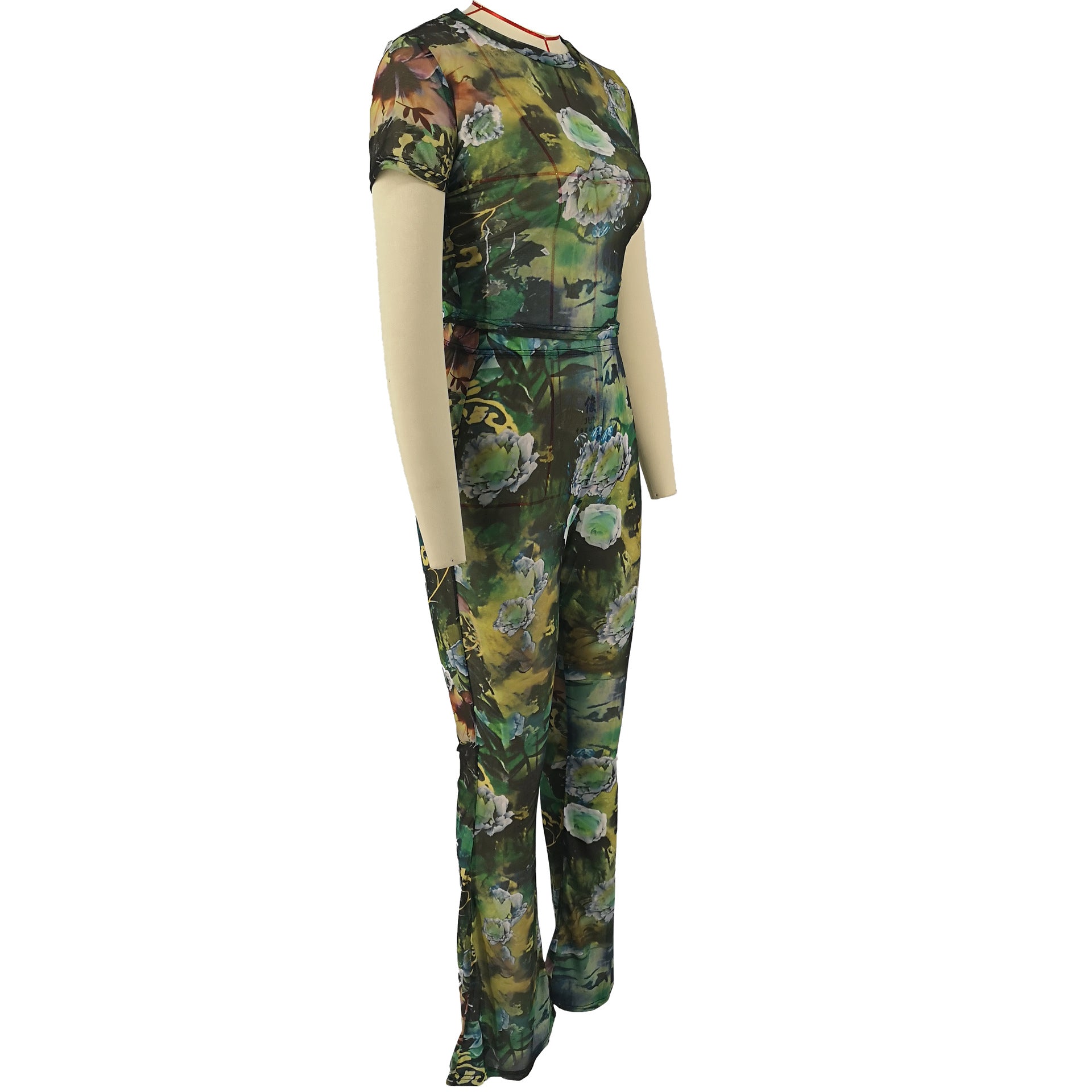 Women's Clothing Summer Fashion Print Round Neck Bootcut Pants Slim Sexy Two-Piece Set 11