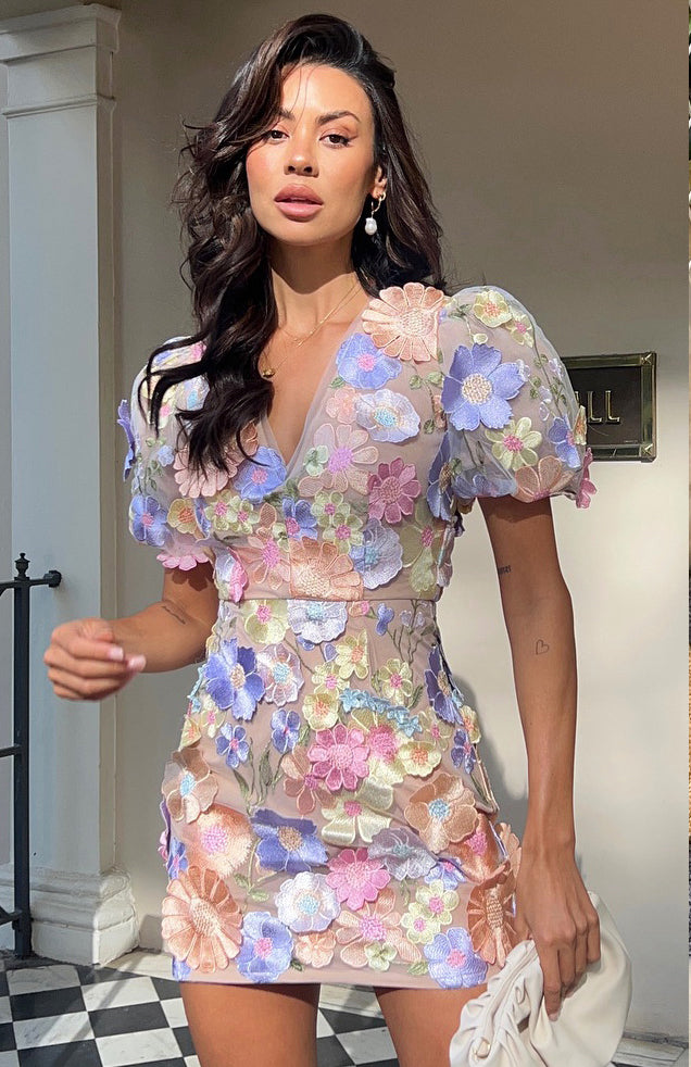 Women's  Luxury Embroidery Mesh Puff Sleeve Slim Waist Short Chic Dress 6