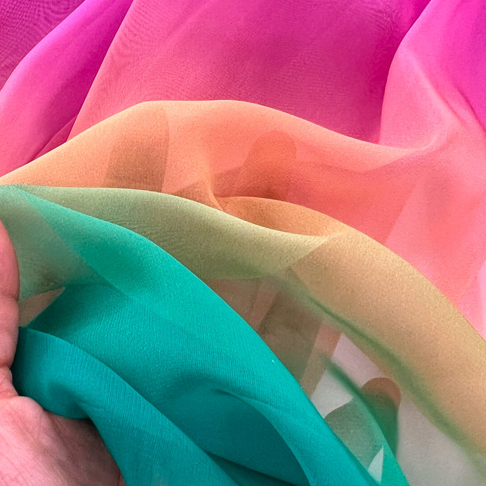 Fashion Chic Sleeveless Round Neck Slim Waist A-Line Rainbow Gradient Chiffon Elegant Long Dress 5