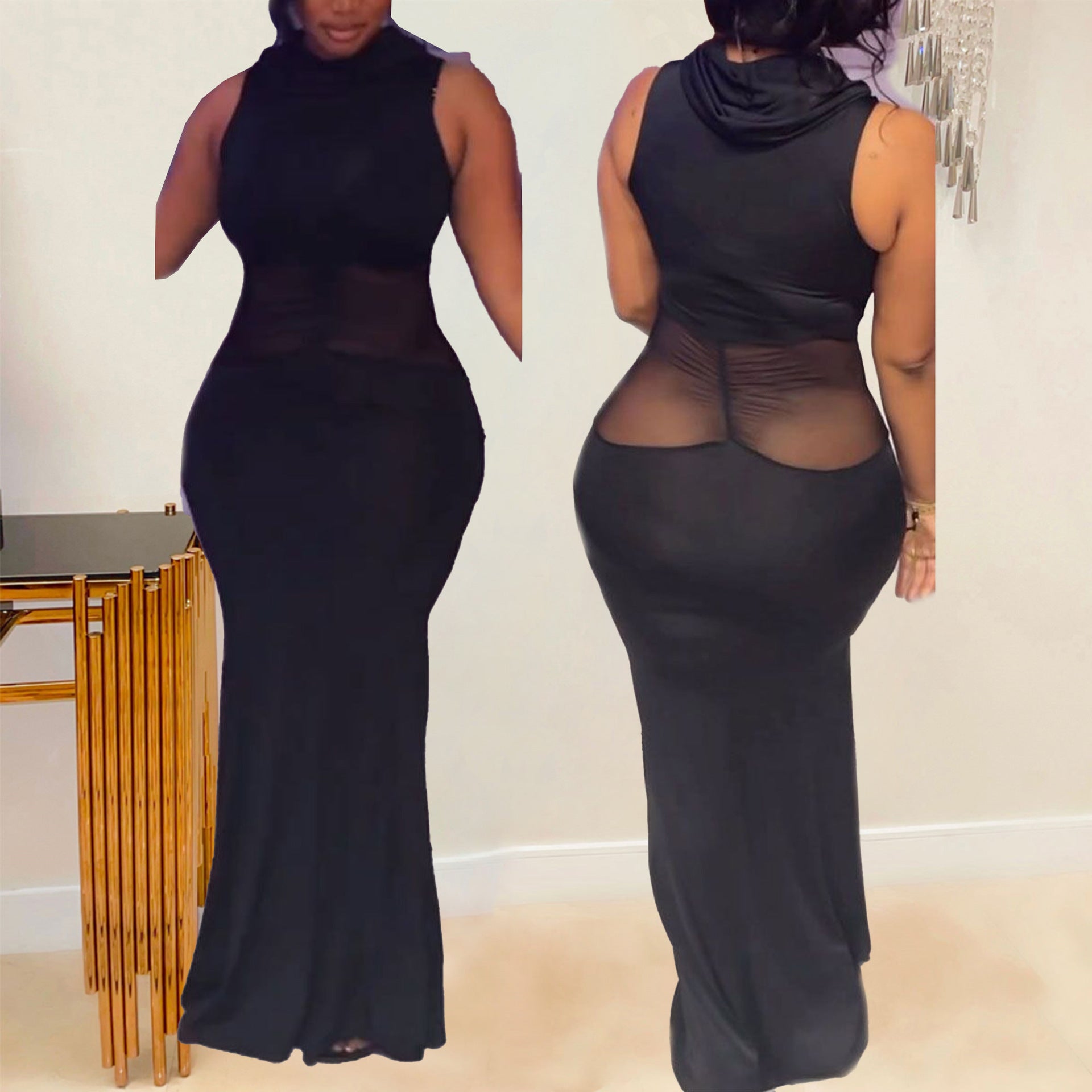 Sexy Turtleneck Sleeveless Stretch Mesh Patchwork See-Through Tight Fitting Long Dress 3