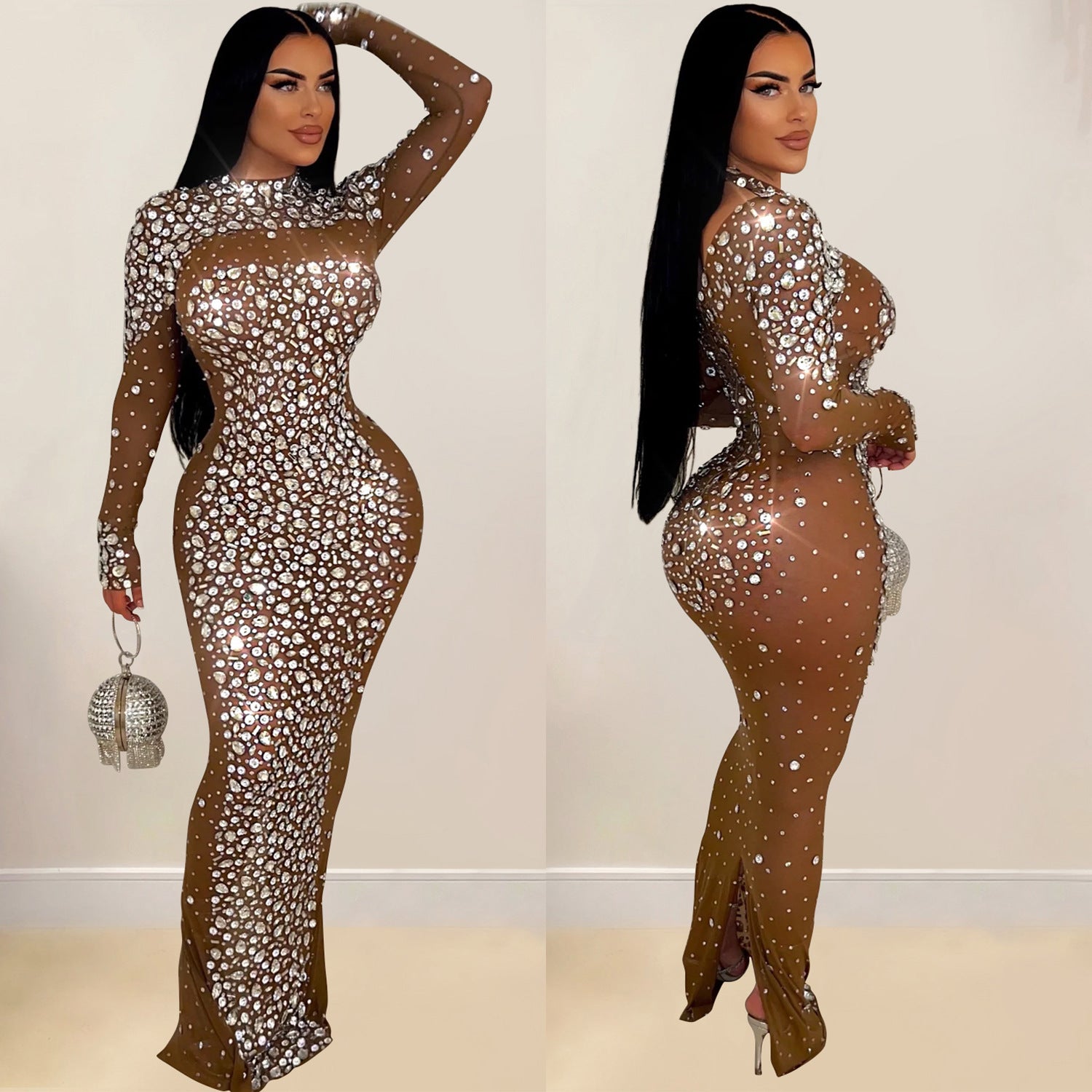 Women Solid mesh Beaded long sleeve dress 5