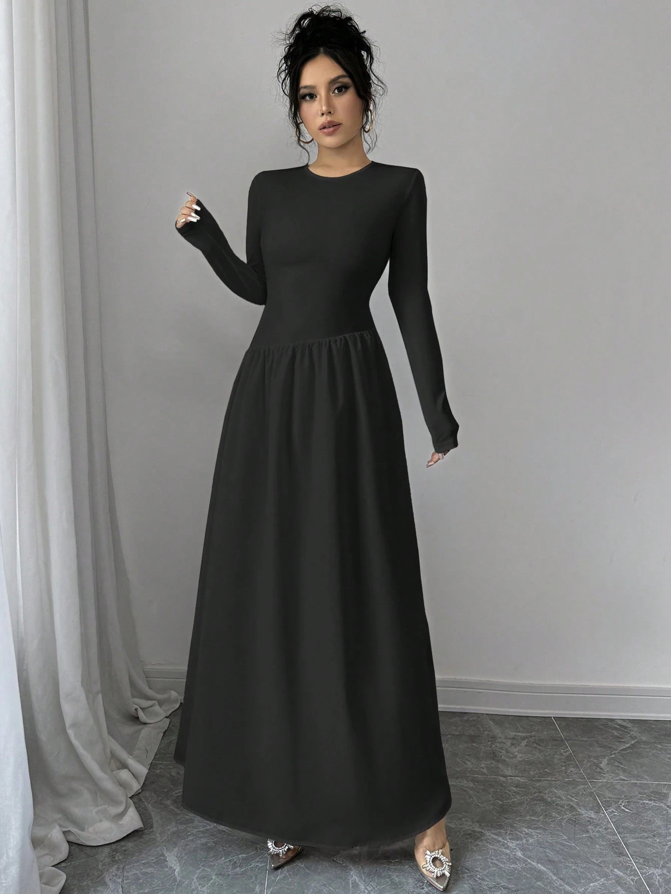 Women Fashion Elegant Black Round Neck Long Sleeve Dress 5