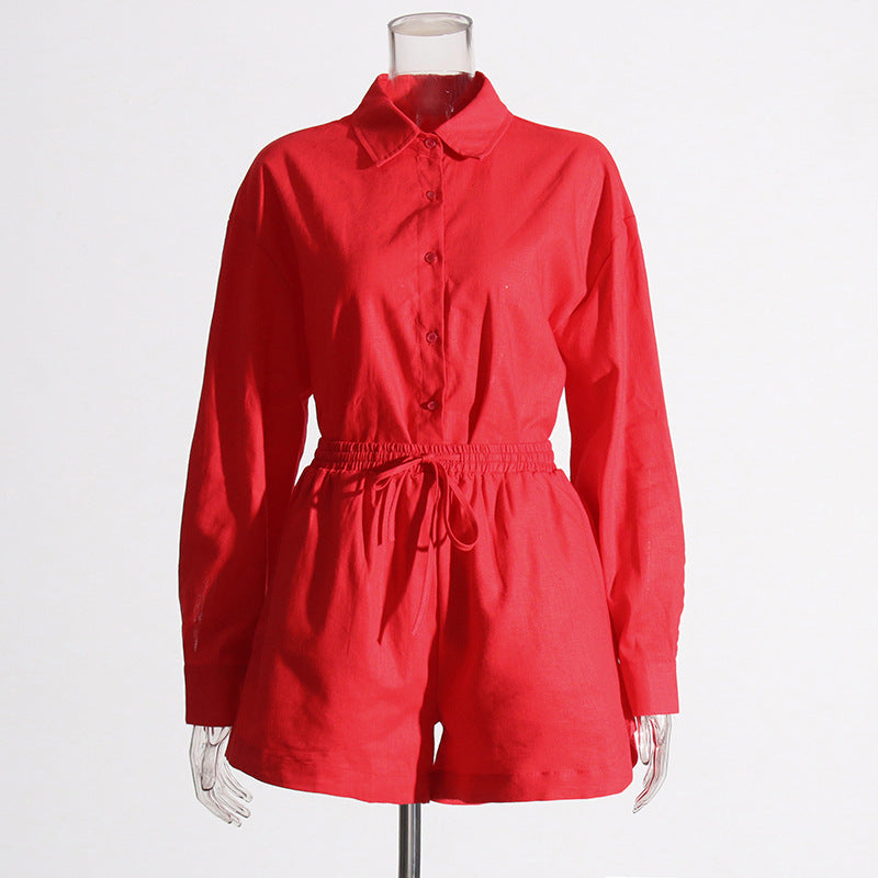 Women Turndown Collar long sleeve solid shirt Top and Casual shorts two-piece set