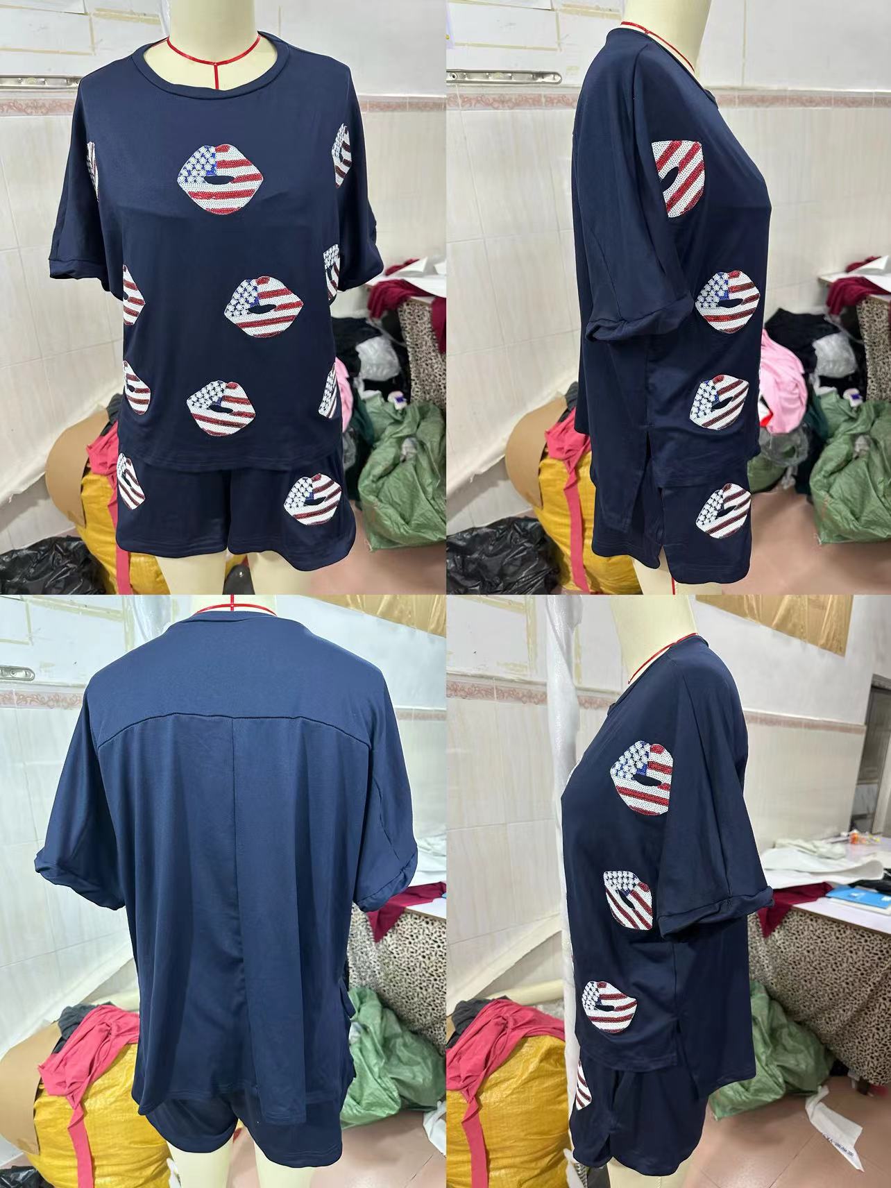 Summer Women's Sequined Short-Sleeved Tops Shorts Two-Piece Sets 18