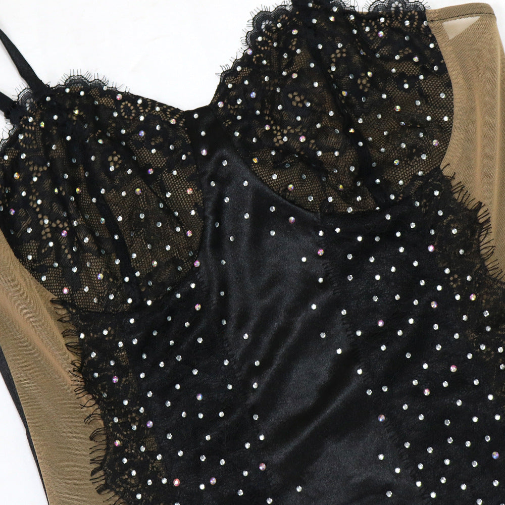 Sexy Solid Color Beaded Strap Irregular Party Dress Women Slit Long Gown 20