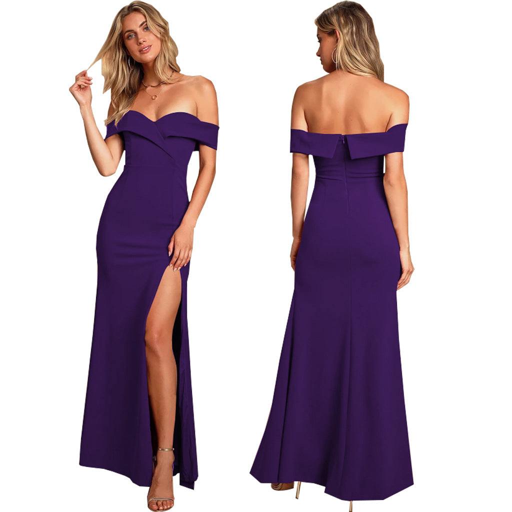 Women'S Sexy Fashion Solid Color Off Shoulder Slit Evening Dress 15