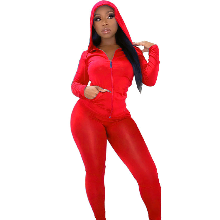 Women Casual Sports Running Fitness Zippered Hooded Top Long Pants Two-piece Set 4
