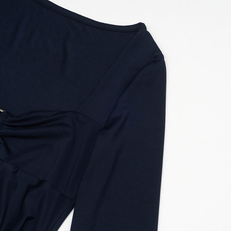 Women Fall Square Neck Long-Sleeved Solid Bodycon Dress 8