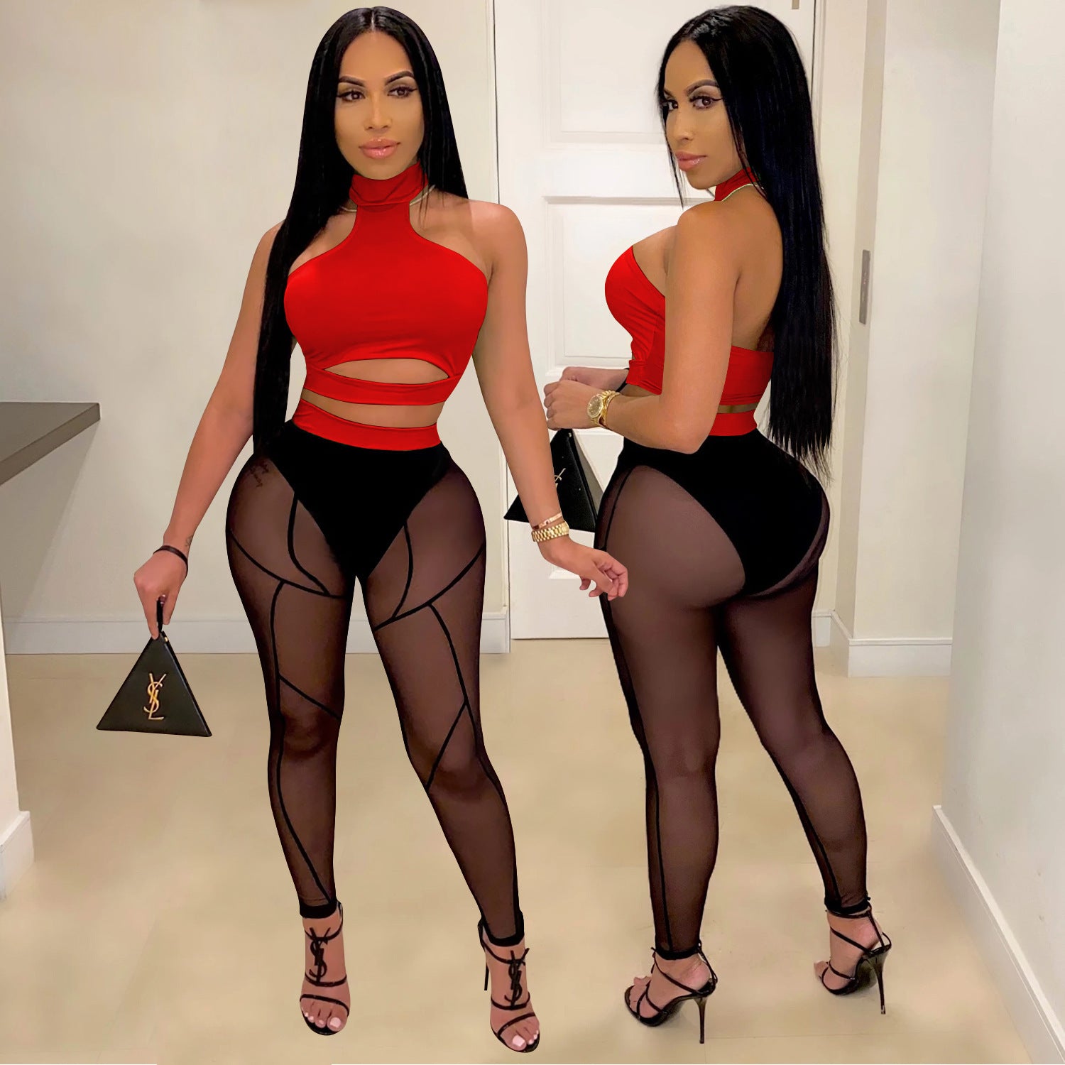 Women See-Through Colorblock Top and Pant Two Piece Set 11