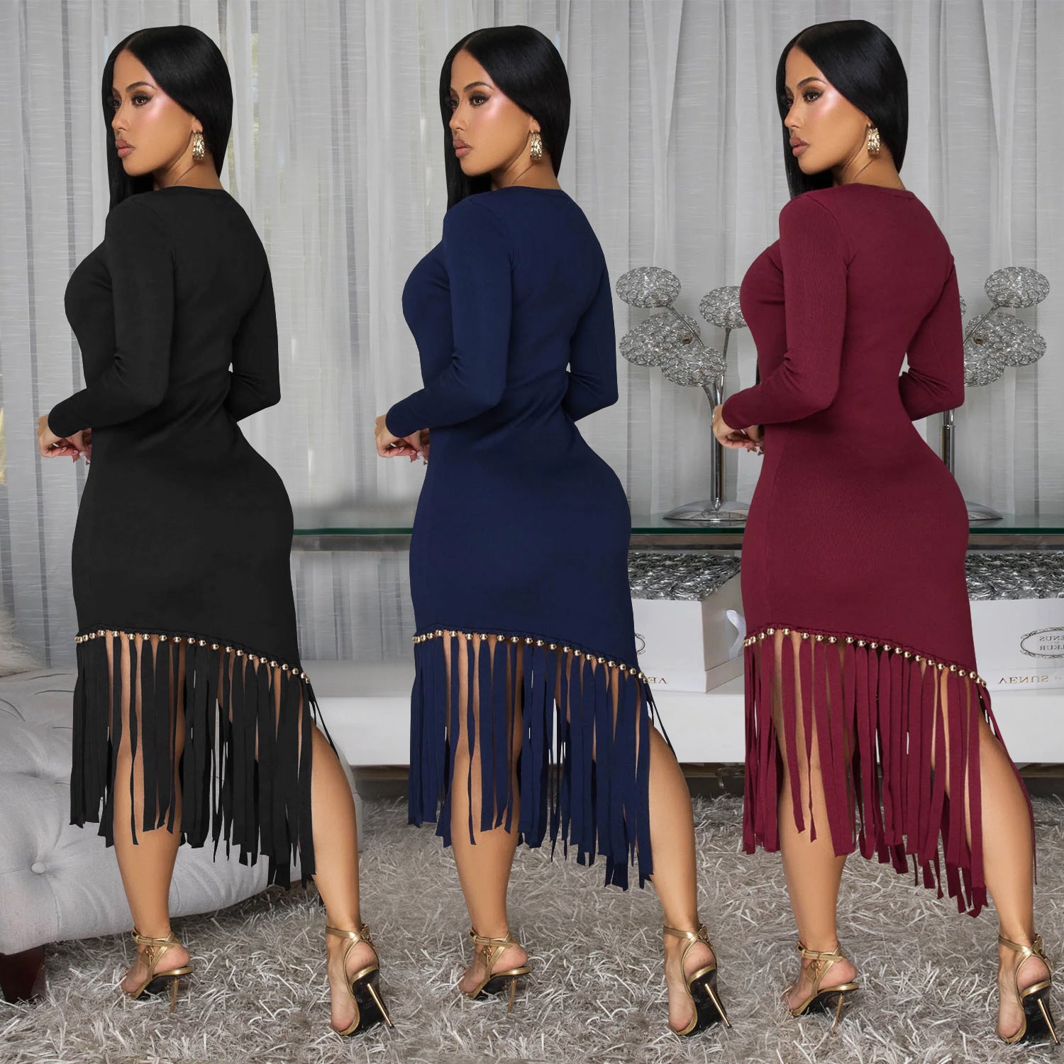 Women Solid Round Neck Tassel Dress 5