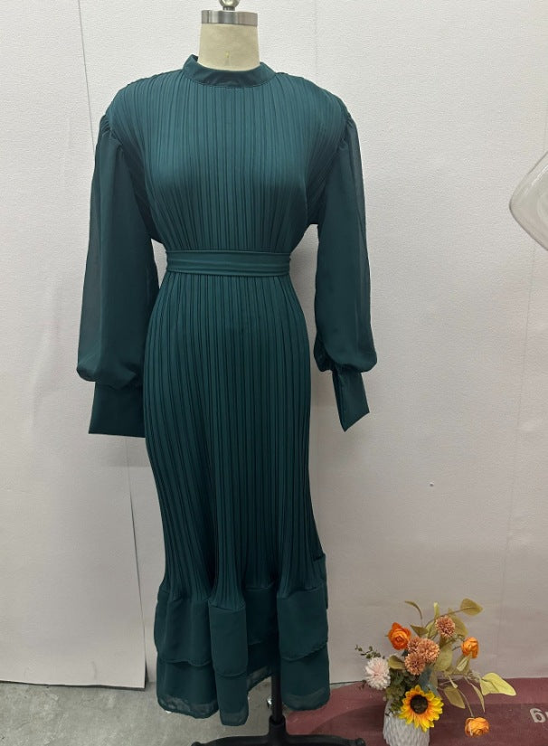 Autumn Fashion Solid Color Mesh Patchwork Pleated Dress For Women 10