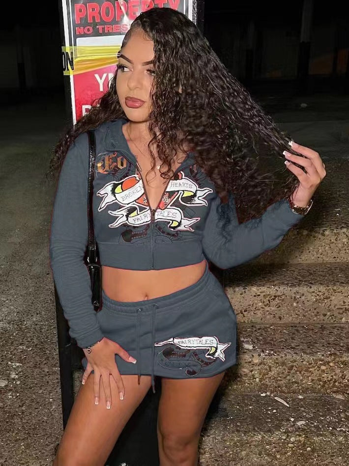 Spring Women's Fashion Positioning Print Hooded Casual Two Piece Skirt Set 5