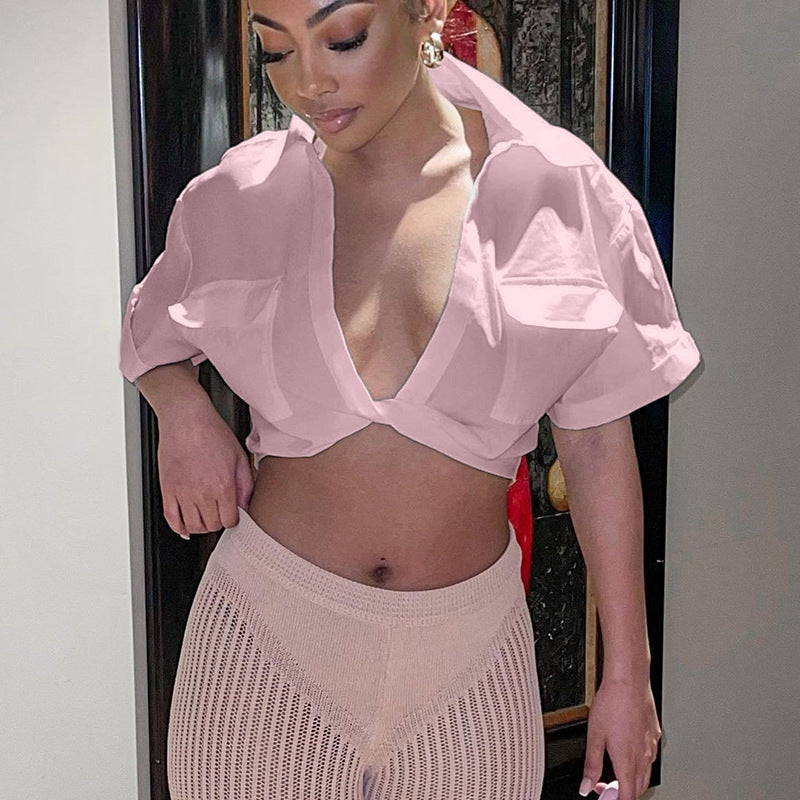 WomenSexy Knot Solid Polo Collar Crop Shirt 4