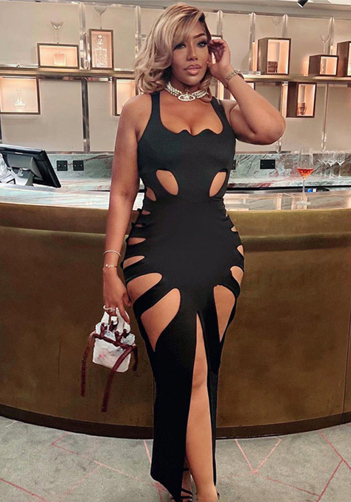 Spring Summer Sexy Sleeveless U-Neck Low Cut Ripped Slit Slim Fit Women Dress