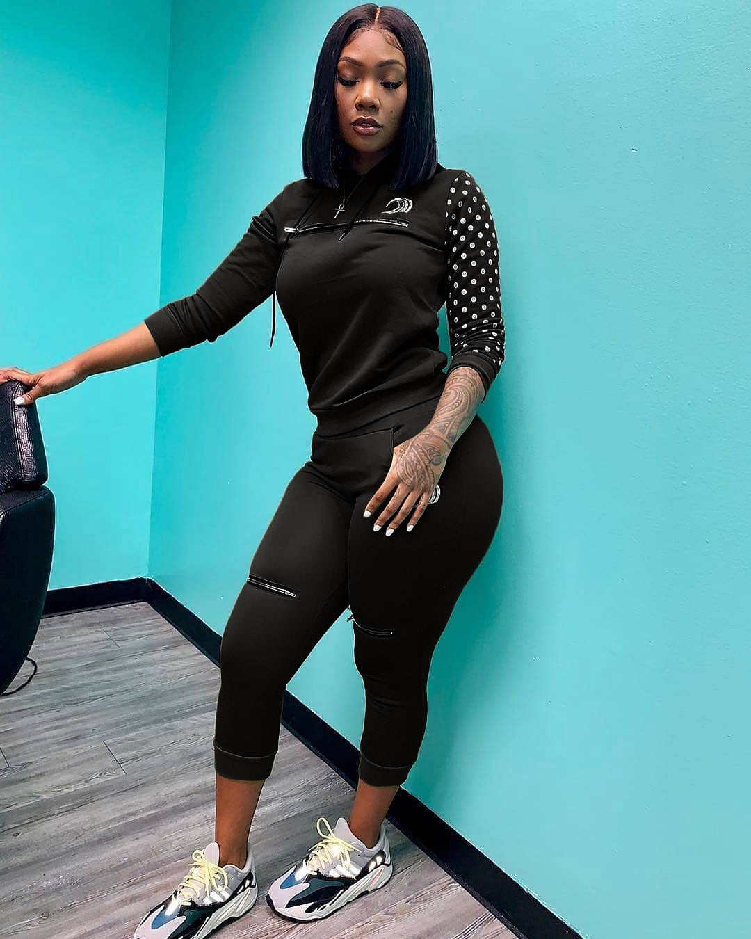 Women's Autumn Winter Fashion Zipper Polka Dot Patchwork Hooded Two-Piece Pants Set 3