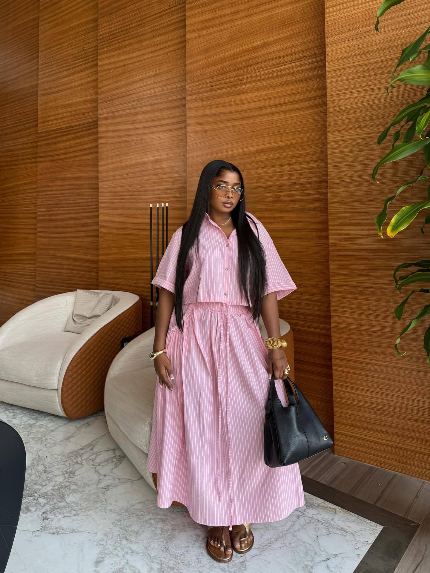 African Women turndown collar striped short-sleeved shirt and lace-up skirt two-piece set