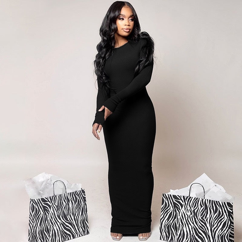 Women Round Neck Long Sleeve Bodycon Maxi Dress 3