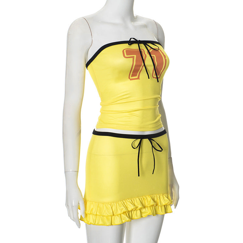 Women summer drawstring Lace-Up sleeveless Strapless Top And Ruffle Edge Skirt two-piece set 6