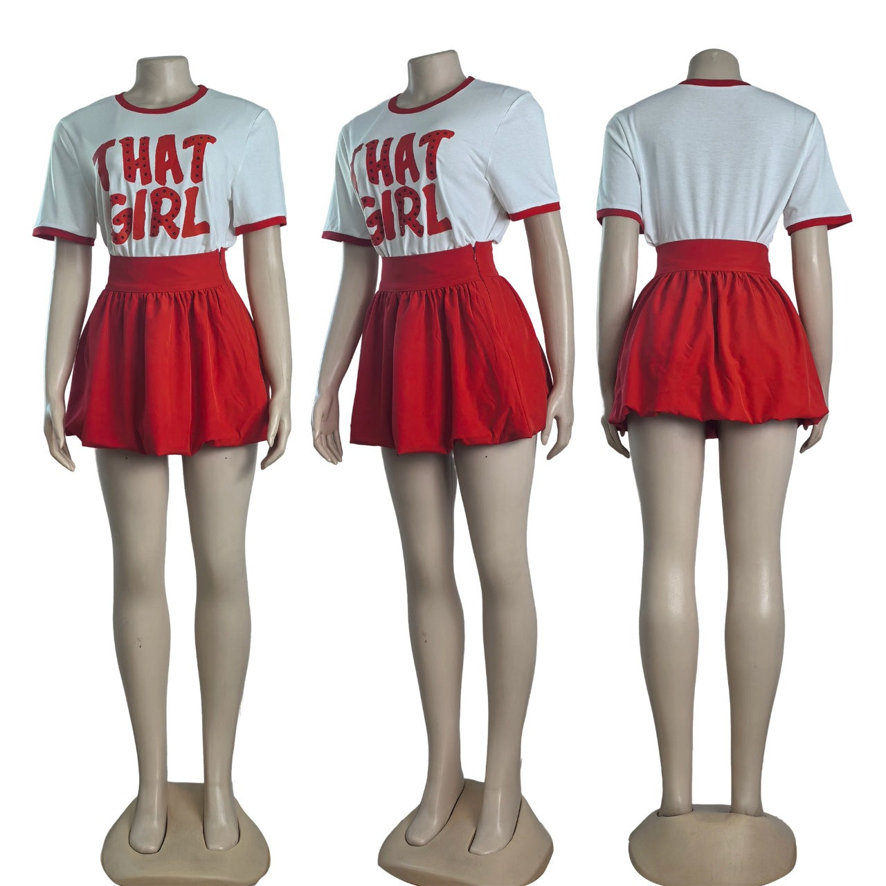 Women Summer Round Neck Beaded Top and Skirt Two-piece Set 4