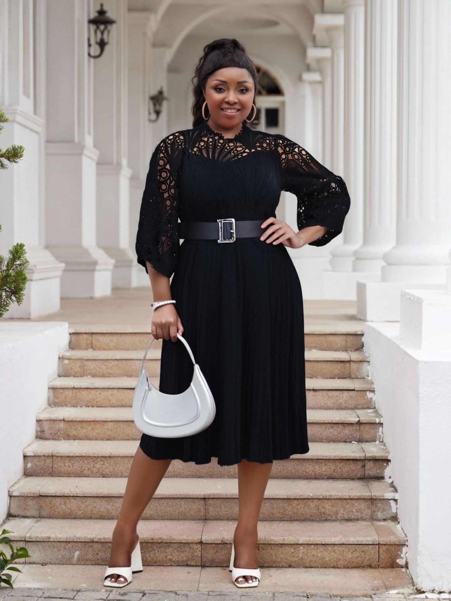 Plus Size Women lace hook flower sexy hollow pleated dress 8