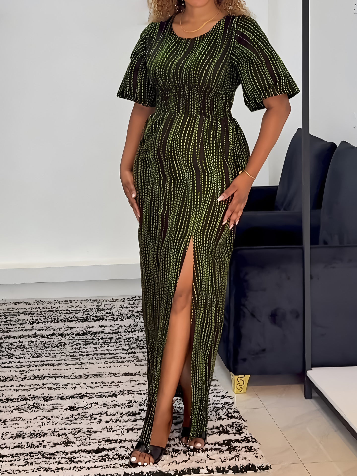 Women Holidays Casual Printed Short Sleeve Slit Dress 7