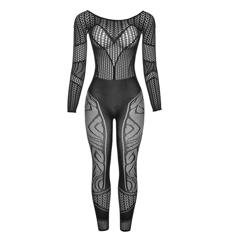 Summer Women's Sexy Hollow Jacquard Knitting High Waist Tight Fitting Jumpsuit 7