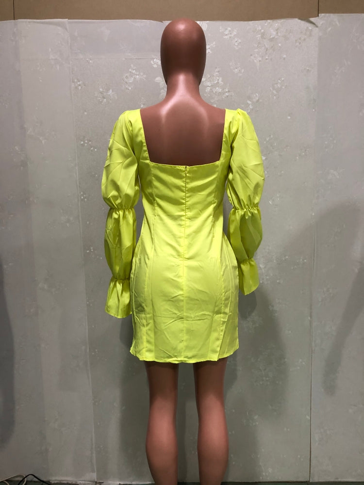 Autumn Green Vintage Puff Sleeve Square Mini Dress