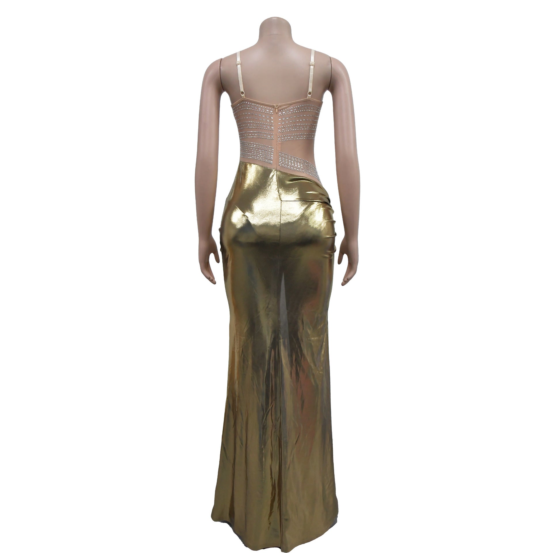 Fashionable women's rhinestone beaded see-through mesh patchwork high slit dress 9