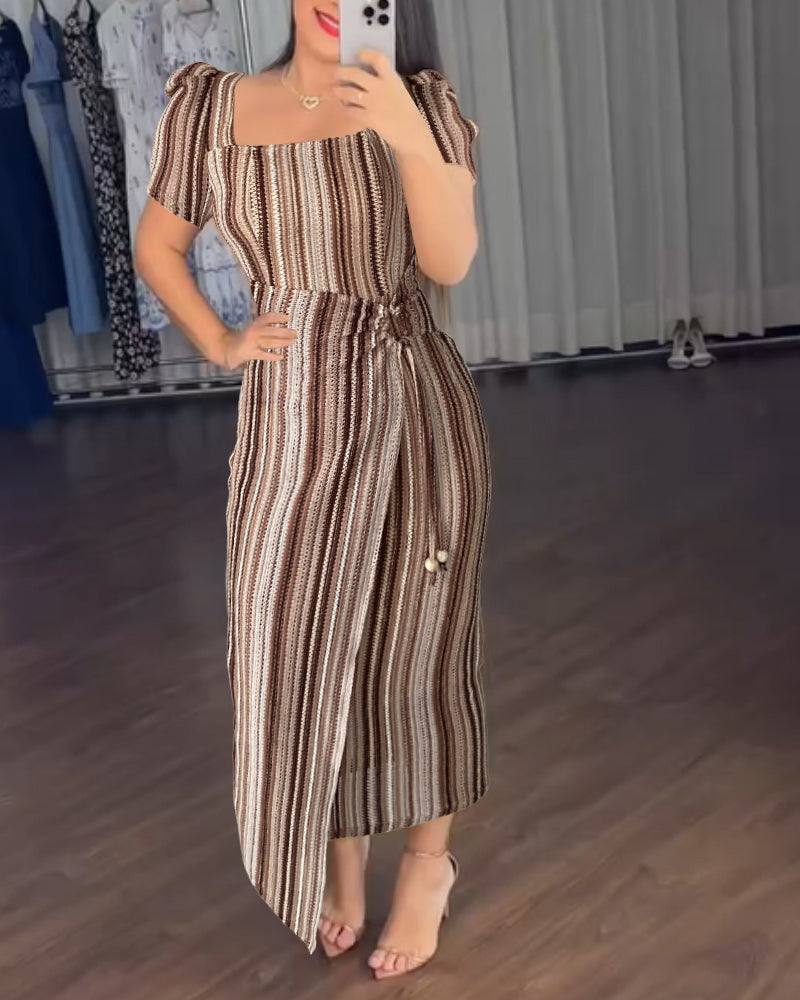 Textured Square Neck Puff Sleeve Lace-Up Midi Dress 4