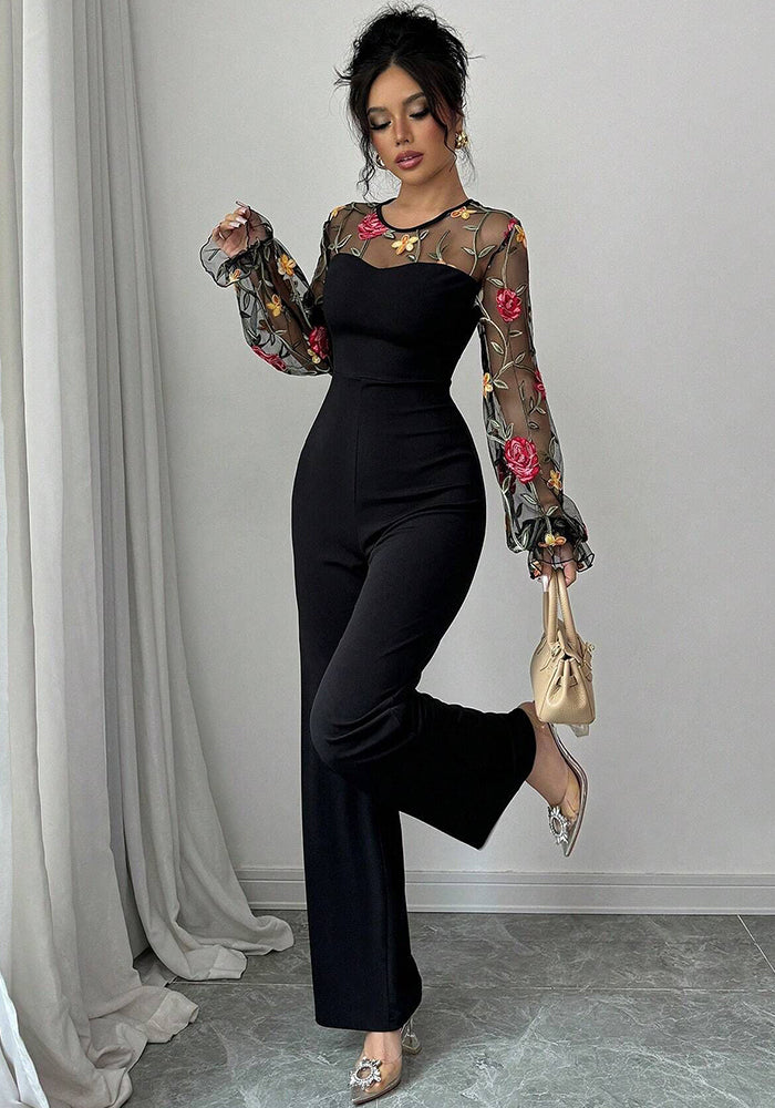 Women's Long Sleeve Embroidered Mesh Patchwork Slim Waist Jumpsuit