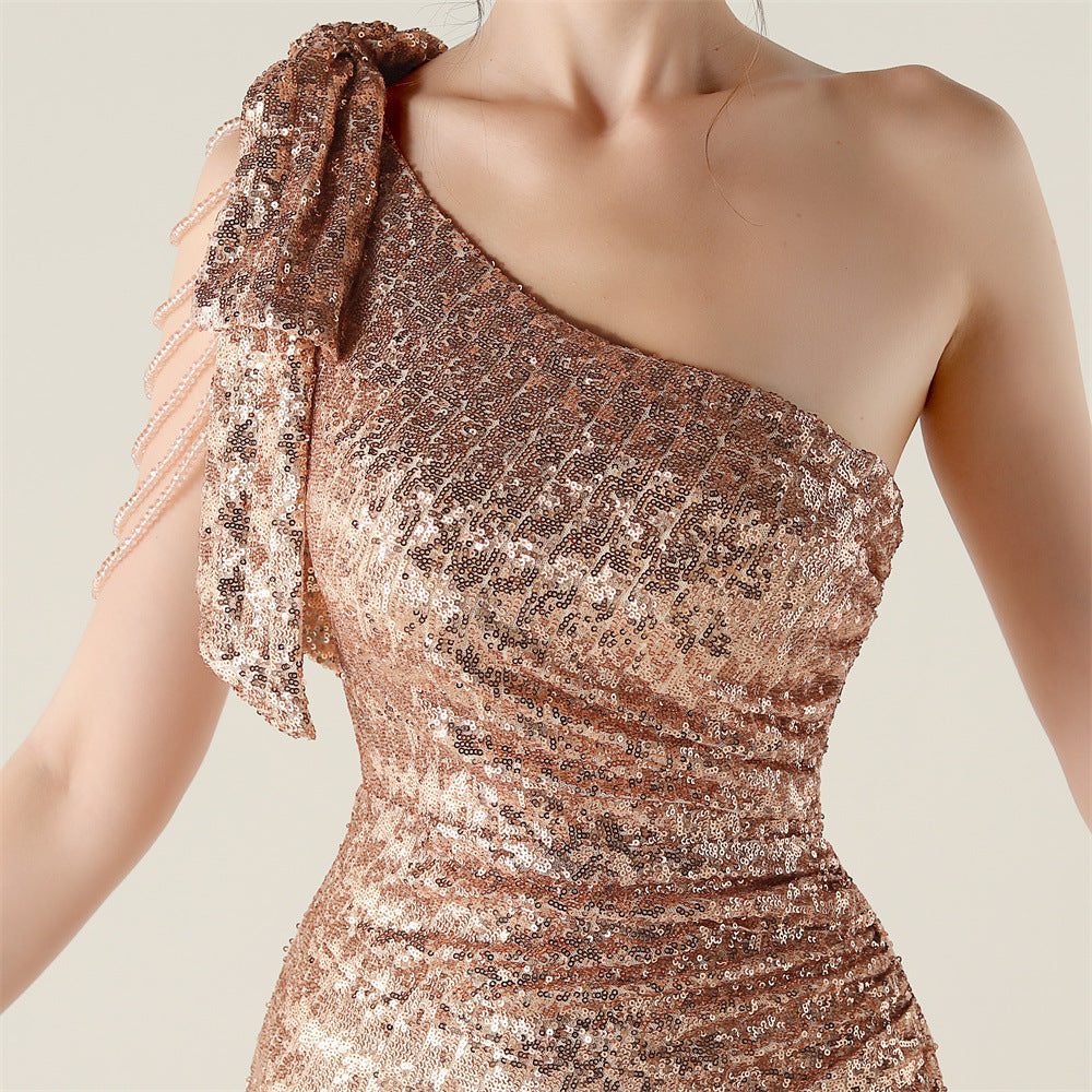 Plus Size Women clothing one-shoulder nail flower beaded evening dress 47