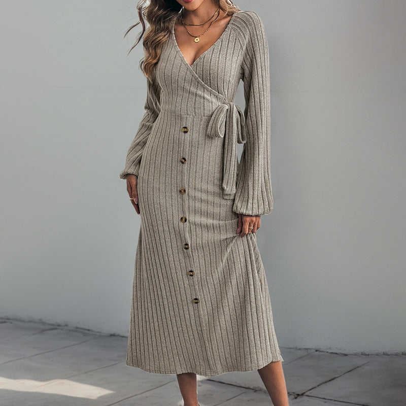 Women autumn and winter v-neck solid button-lace knitting dress 6