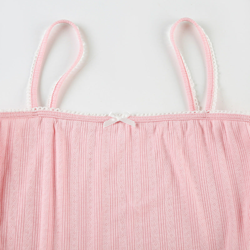 Summer Home Set Lace Bow Straps Top & Shorts Pajamas Casual Two-Piece Set 17