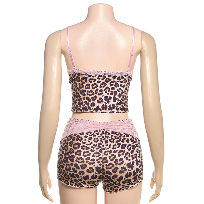Women summer leopard print lace patchwork crop top and shorts two piece set 8