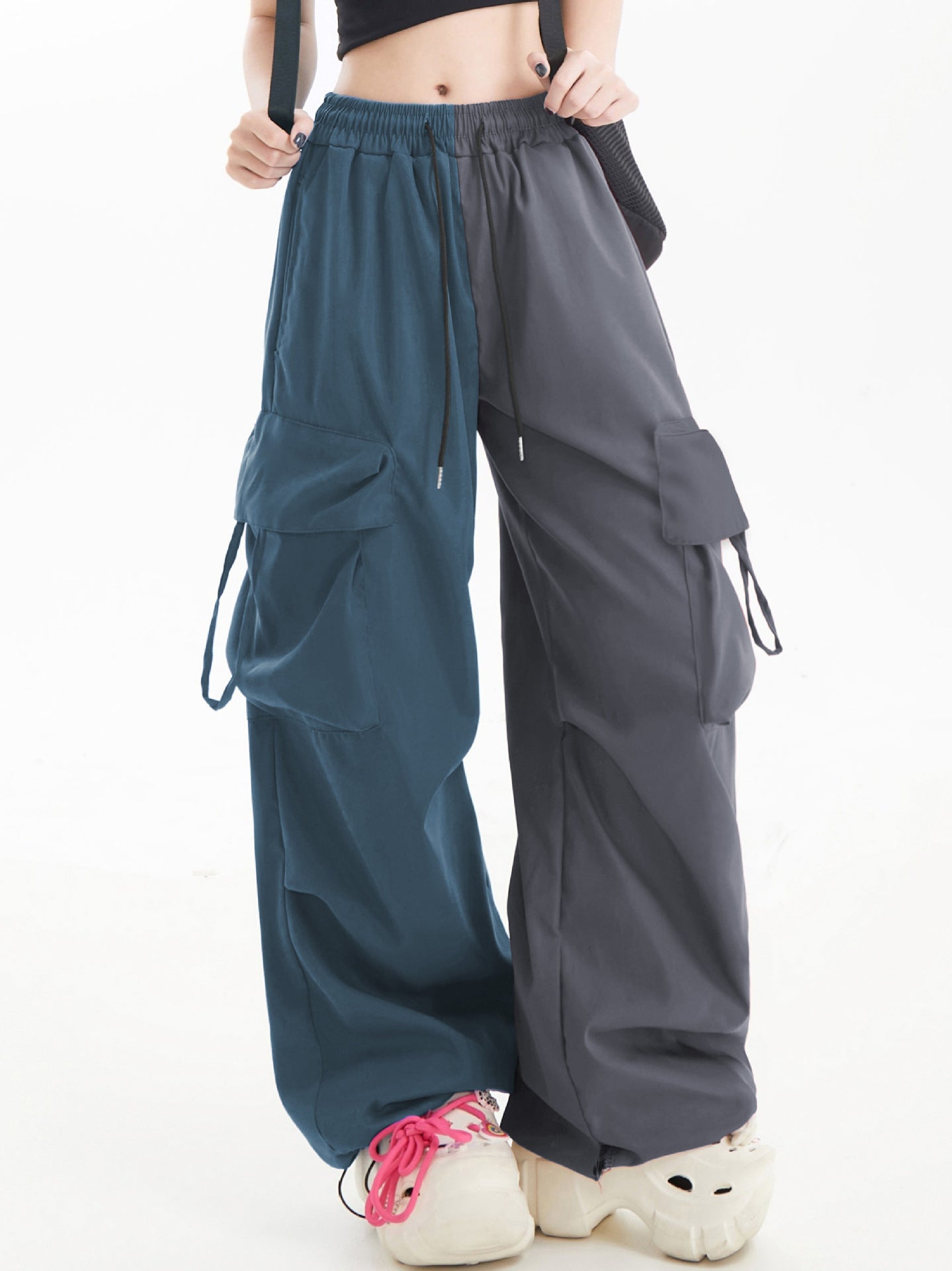 American Contrast Color Loose Wide Leg Cargo Pants Hip Hop Color Matching Fashion Casual Sports Trousers for Women 14