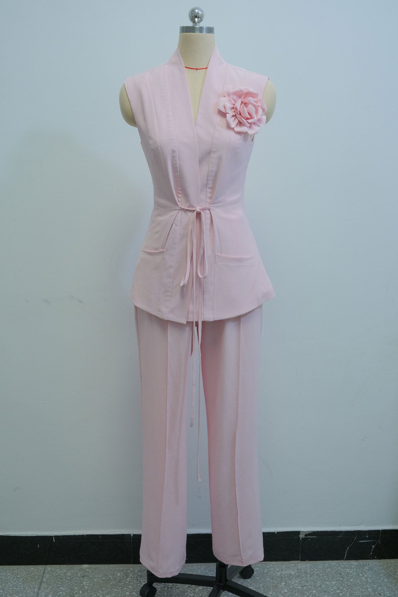 Women Spring V-neck Sleeveless Flower Top Trousers Two-piece Set 8