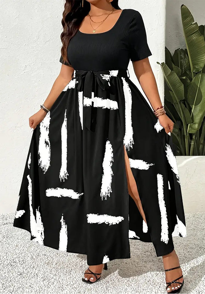 Plus Size Women Summer Contrast Color Patchwork Short-Sleeve Dress