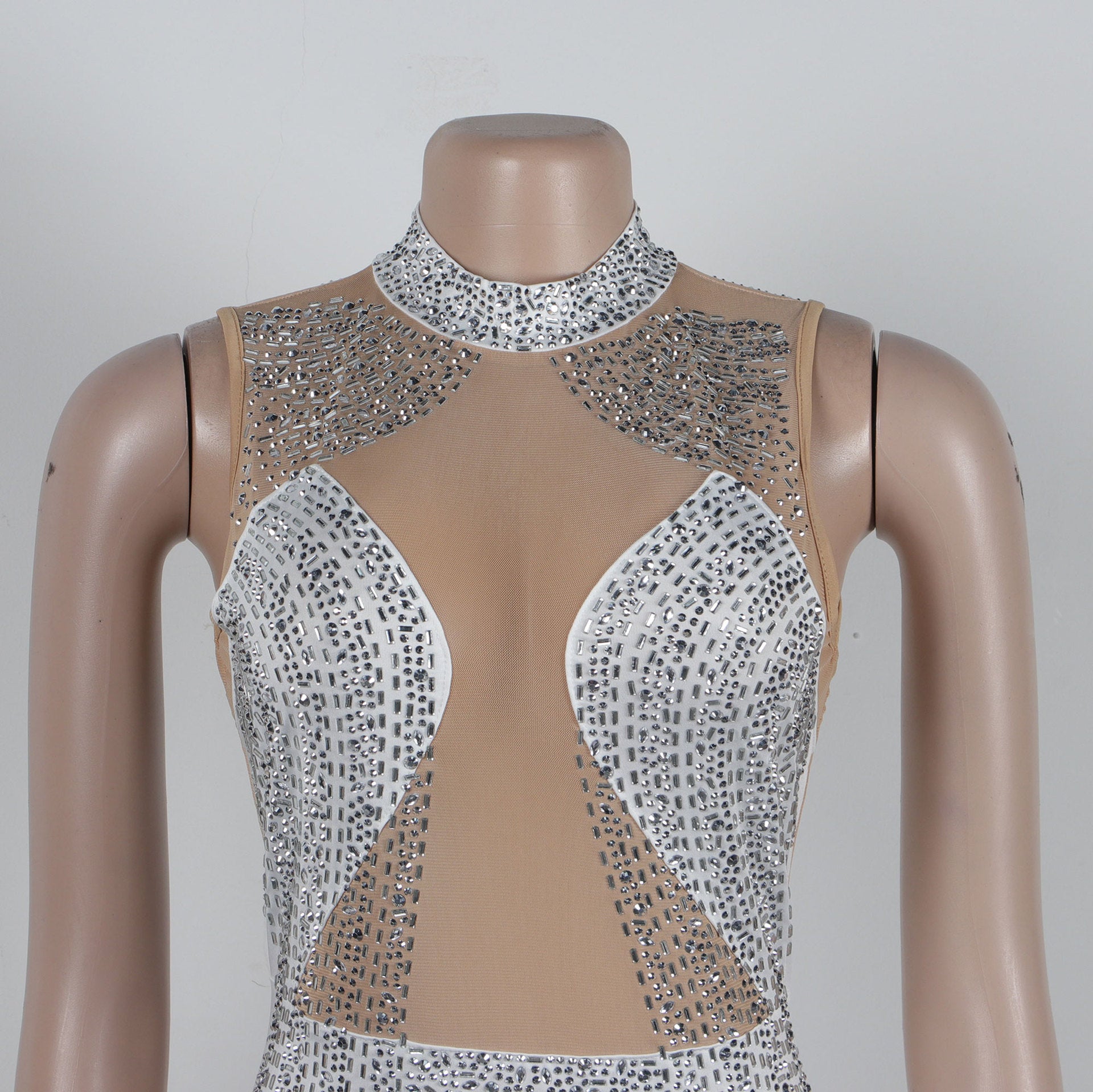 Women Beaded Mesh See-Through Patchwork Sleeveless Slit Dress 25