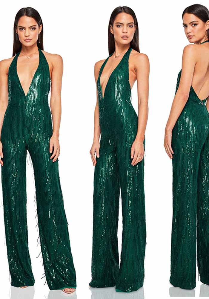 Women's Sleeveless Deep V Halter Neck Low Back Sequin Jumpsuit T