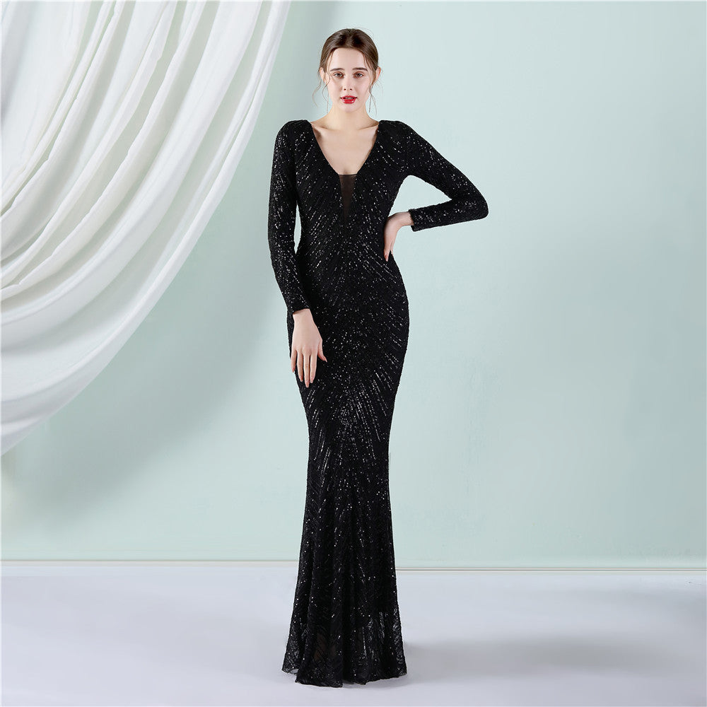 Sequin Evening Dress Women Formal Party Elegant Long-Sleeved Sequined Mermaid Evening Dress