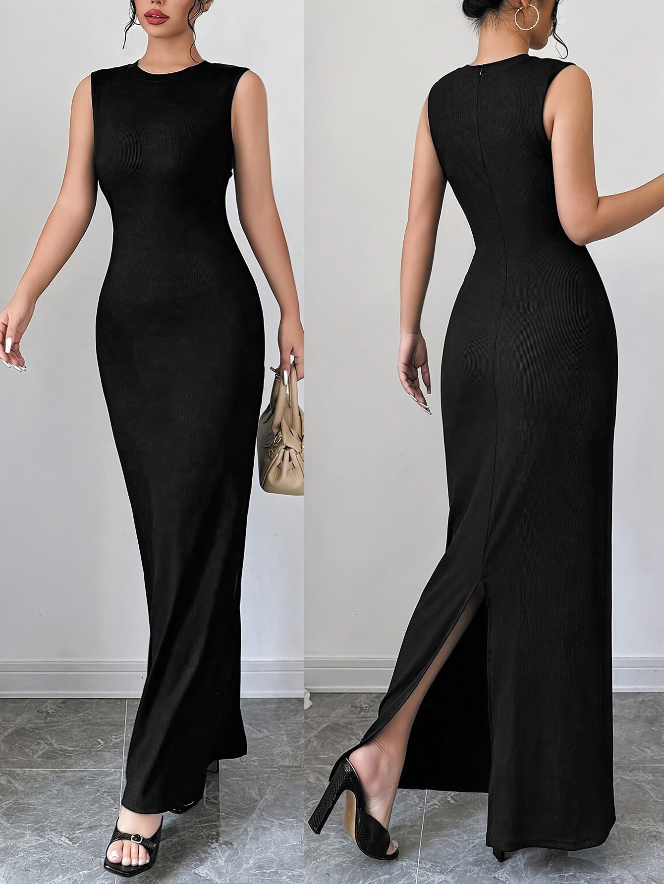 Women Summer Round Neck Solid Ribbed Dress 3