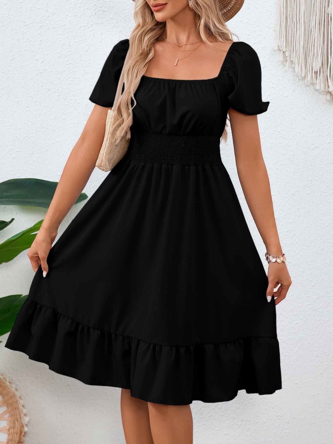 Summer solid color square neck Ruffled A-line dress for women 3