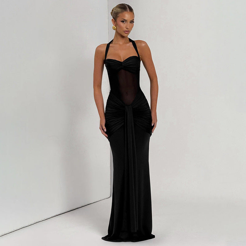 Women Halter Neck Lace Solid Mesh See-Through Sexy Ribbon Maxi Dress